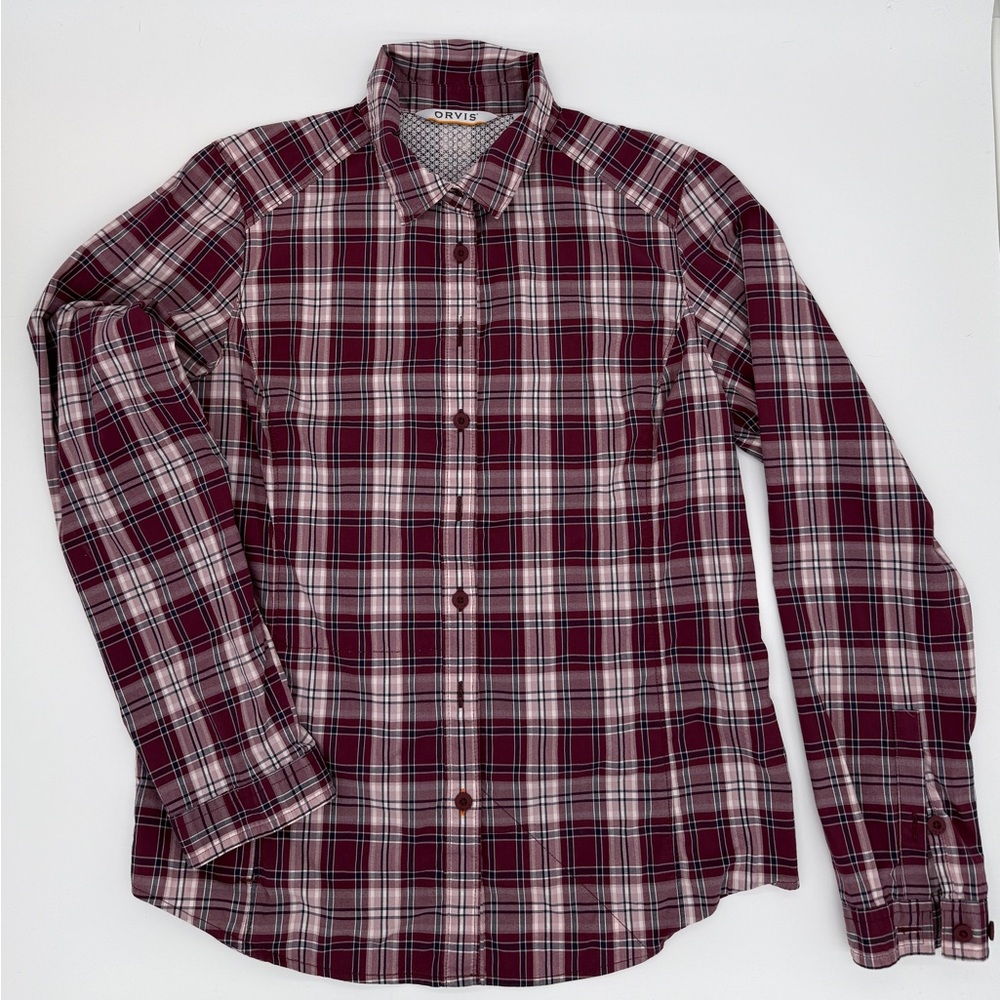 Orvis Women’s Burgundy Plaid Button Down Size Small Long Sleeve Classic Casual